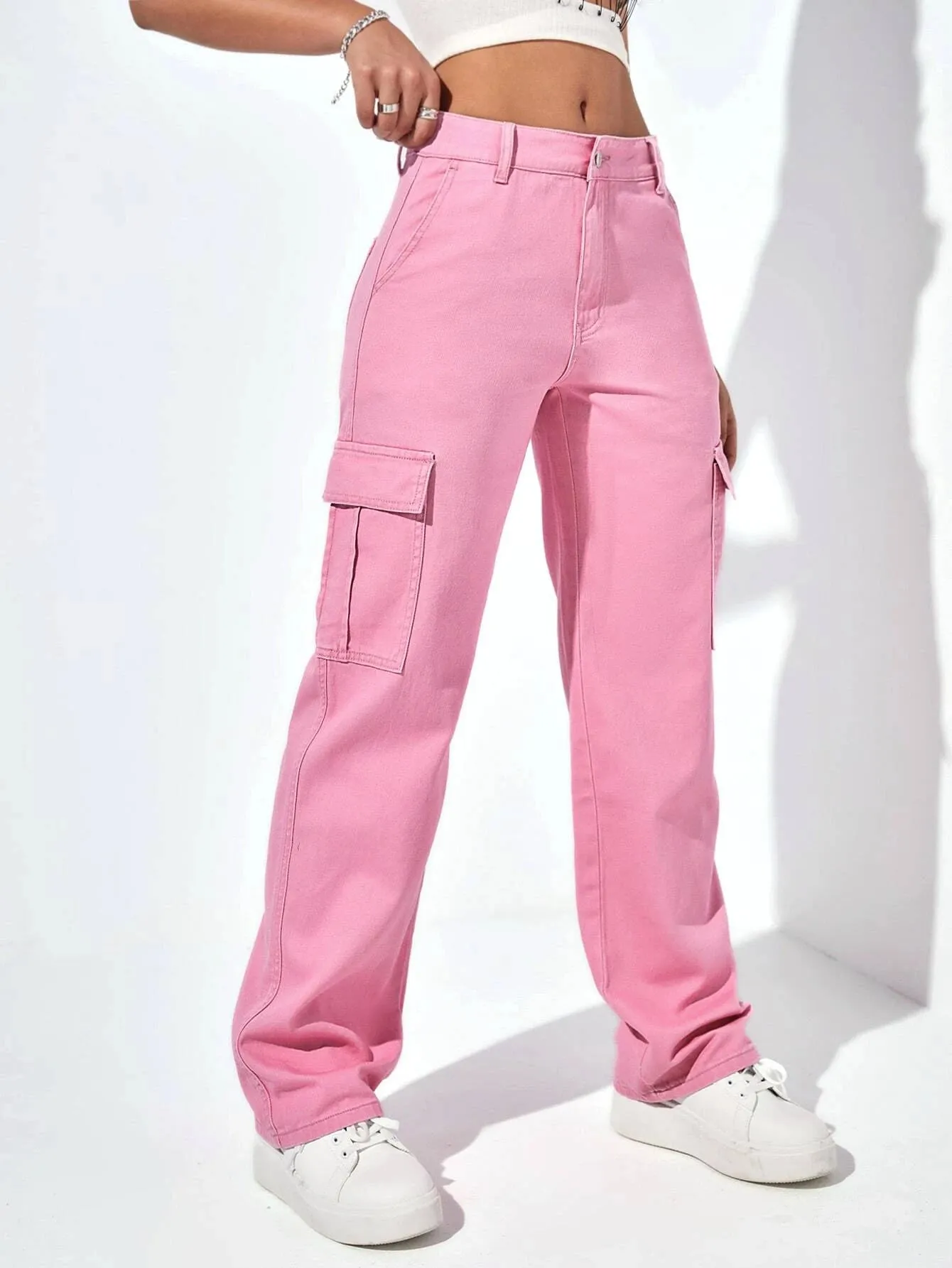 High Waist Straight Bottom Cargo Jeans