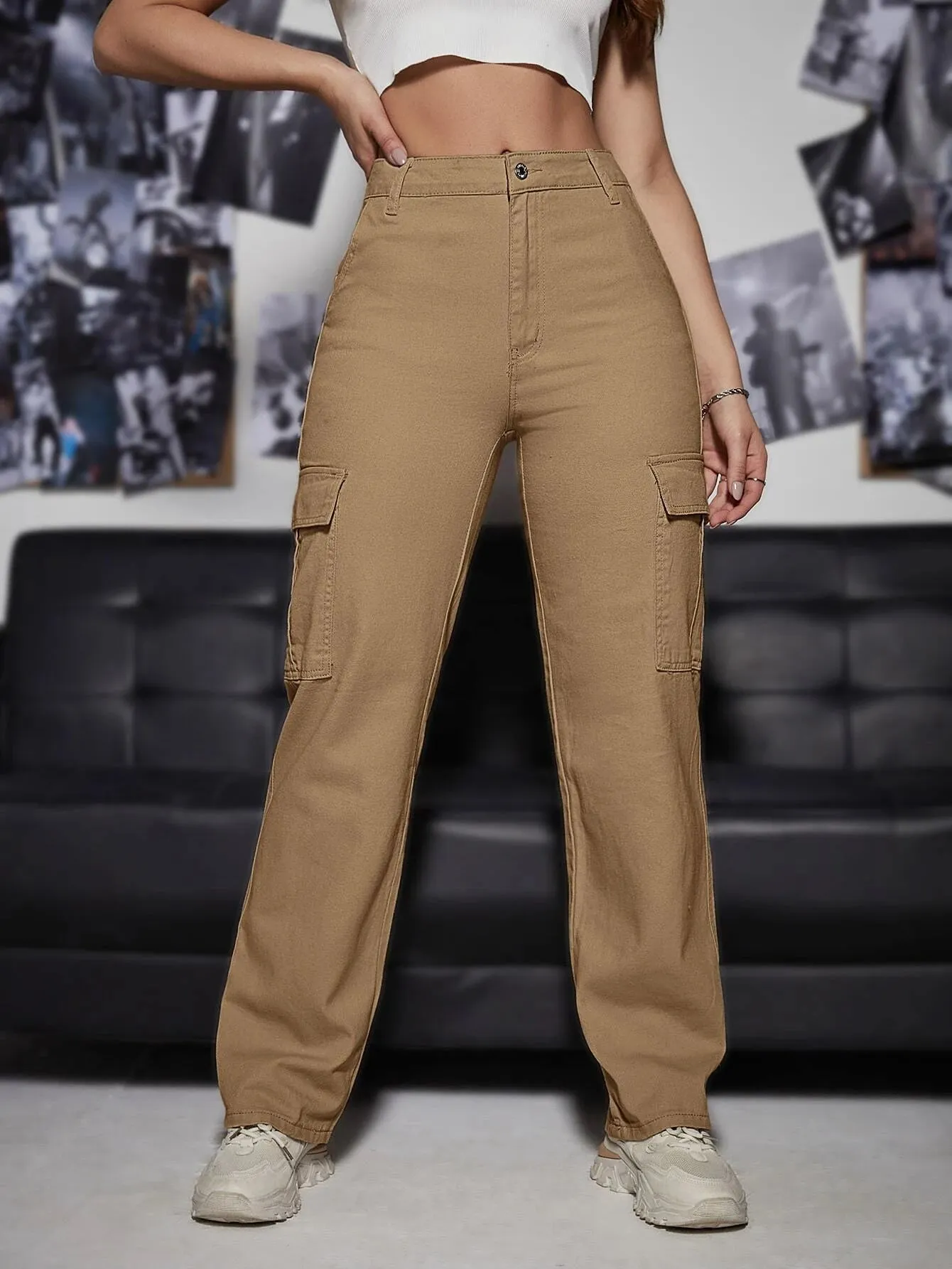 High Waist Straight Bottom Cargo Jeans