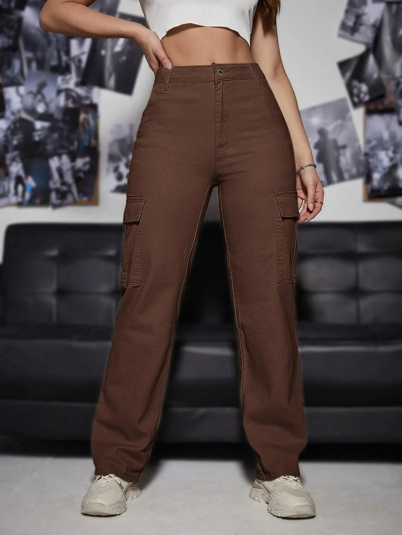 High Waist Straight Bottom Cargo Jeans
