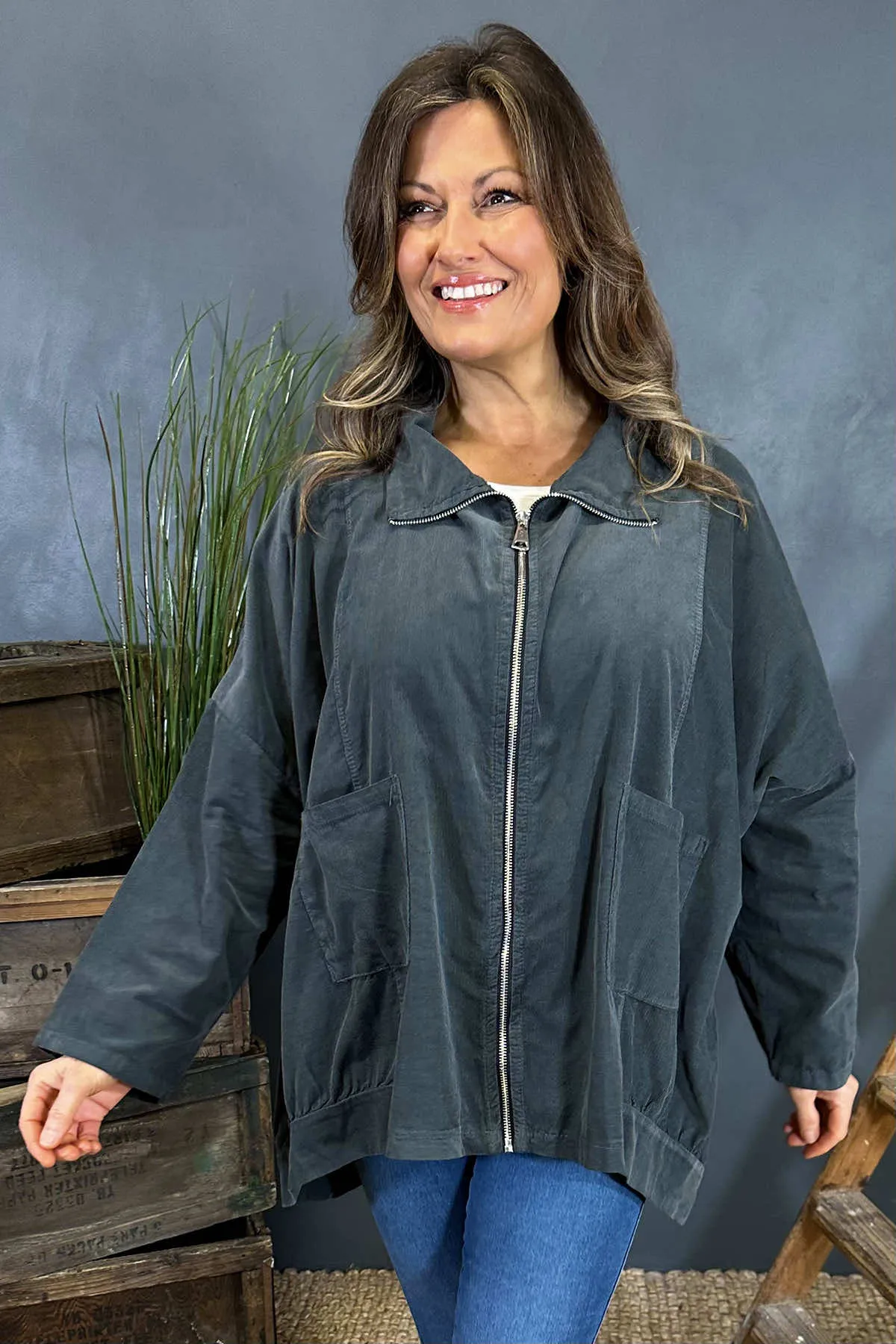 Joni Zip Up Cord Jacket Charcoal
