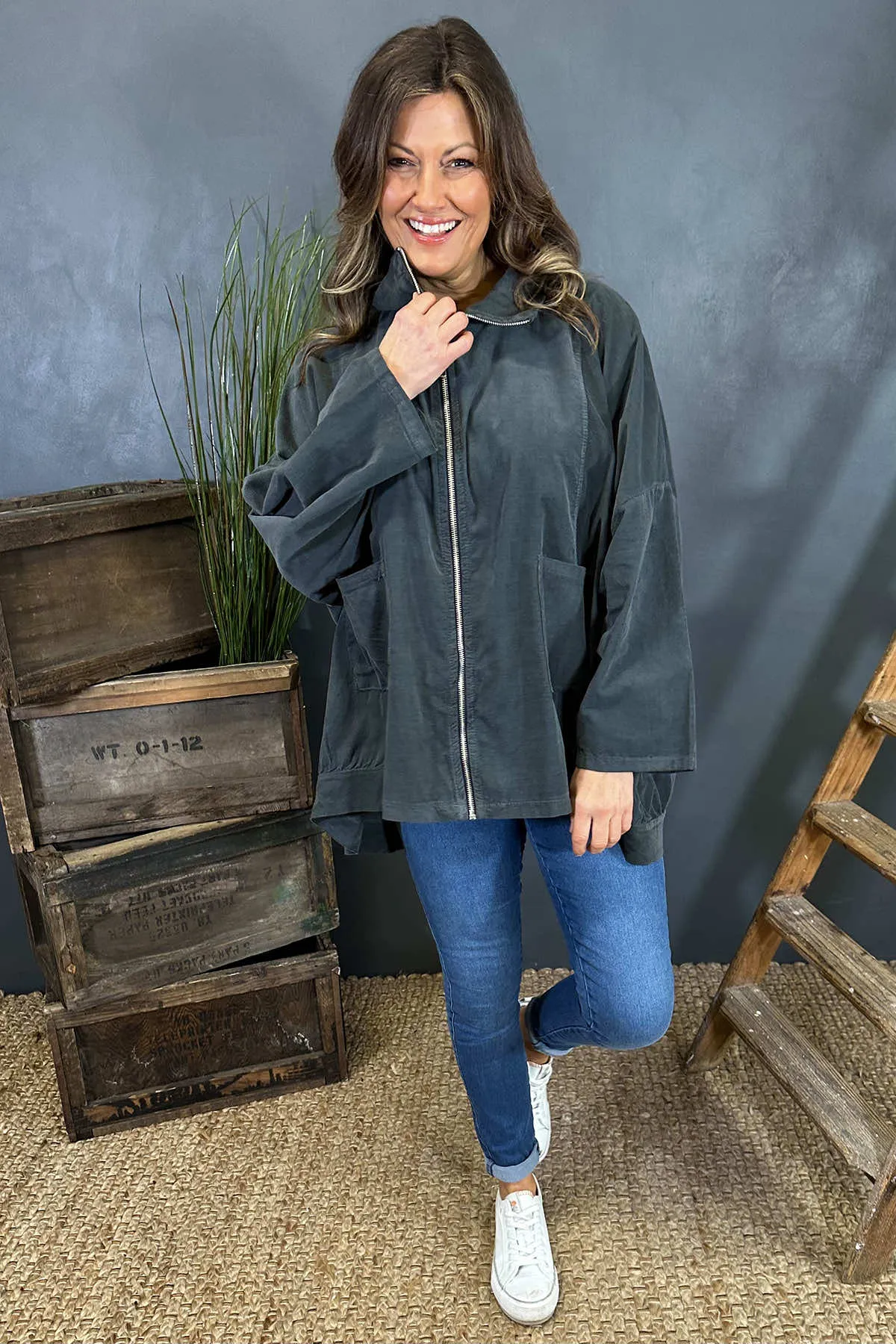 Joni Zip Up Cord Jacket Charcoal
