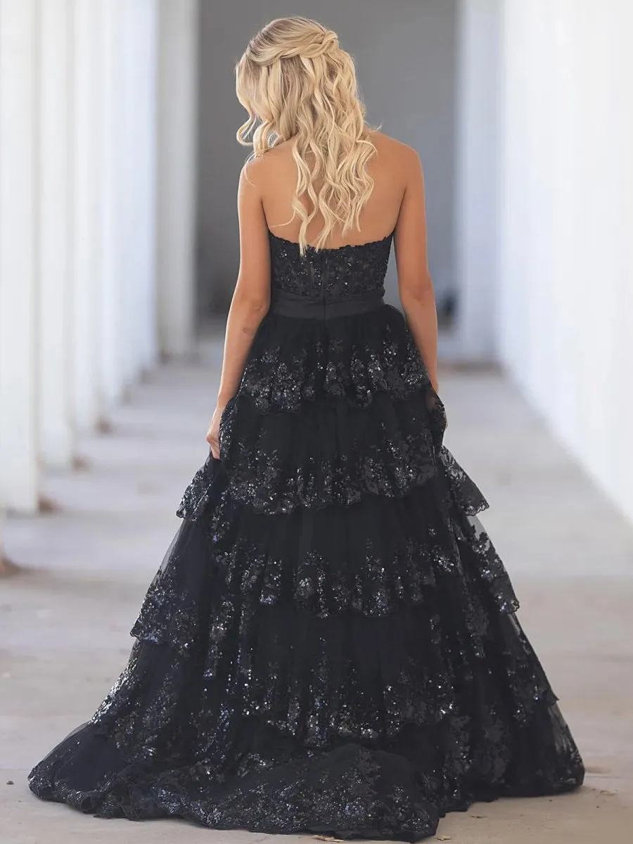 Jonjay | Sweetheart Light Blue  Lace Appliques Ruffle Long Formal Gown