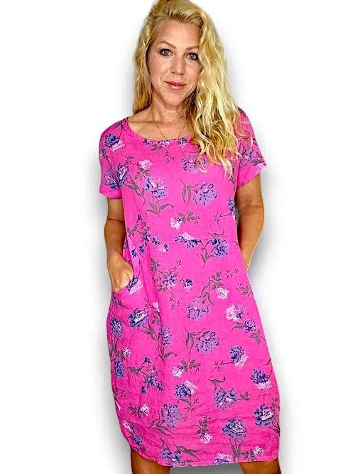 JUNGLE DRESS LINEN PETALS OF BLUE HOT PINK