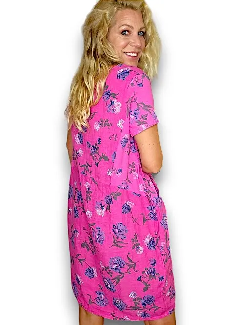 JUNGLE DRESS LINEN PETALS OF BLUE HOT PINK