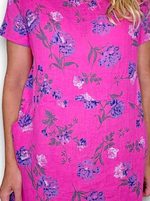 JUNGLE DRESS LINEN PETALS OF BLUE HOT PINK