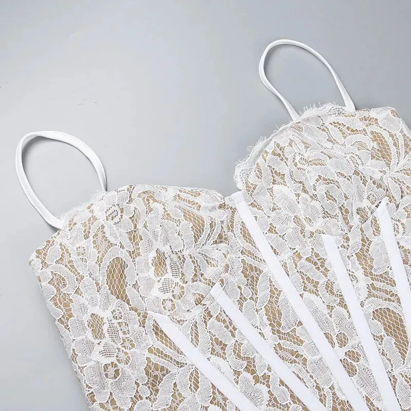 Lace Corset Ruffle Hem Maxi Dress