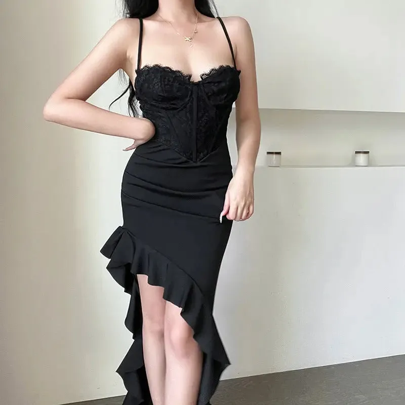 Lace Corset Ruffle Hem Maxi Dress