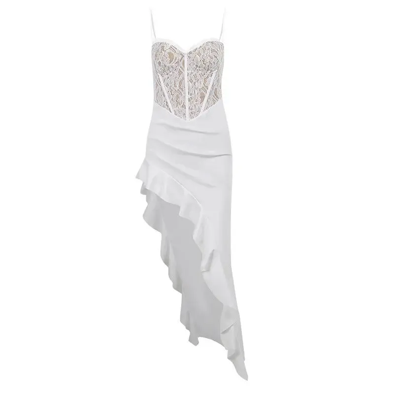 Lace Corset Ruffle Hem Maxi Dress