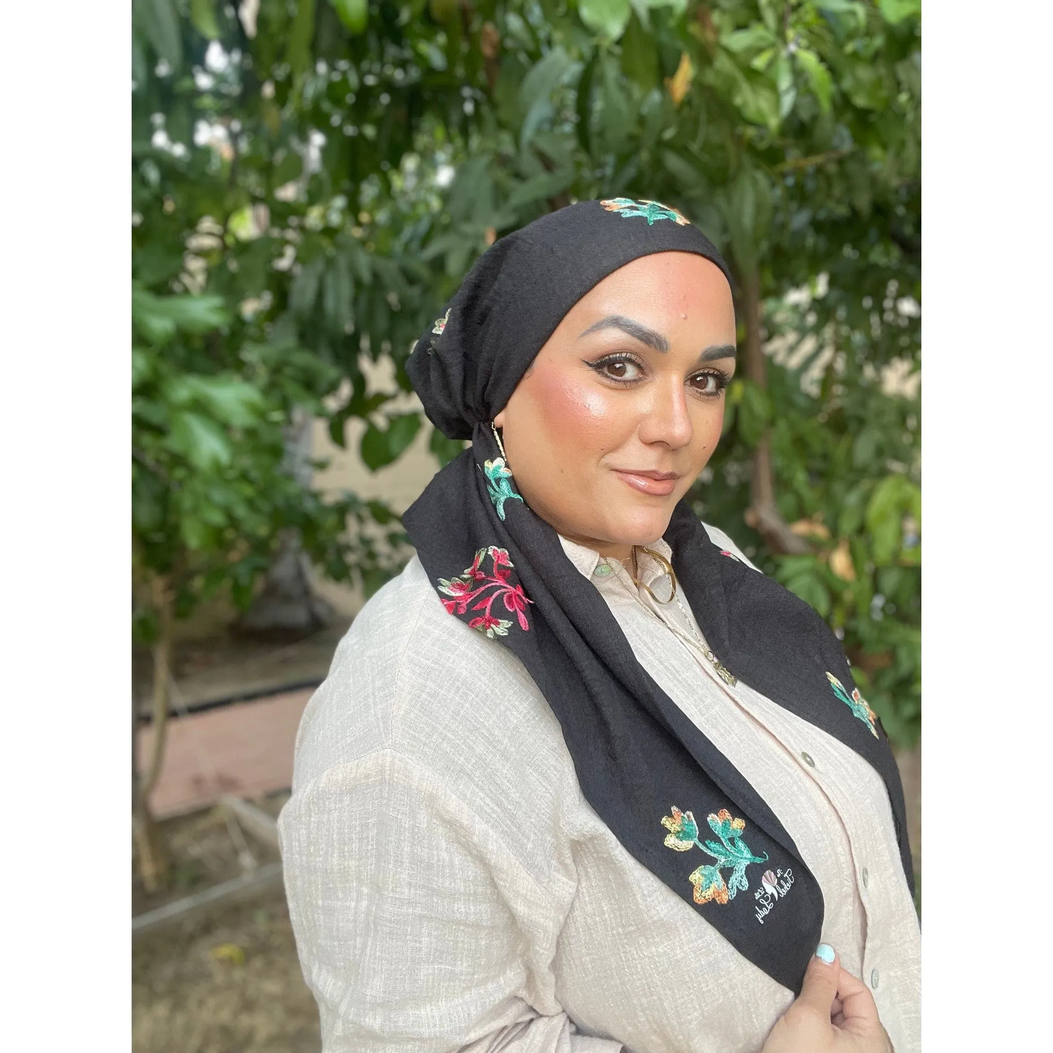 Linen Embroidered Pretied w/ VELVET HEADBAND & Adjustable Circumference - Black/Multi