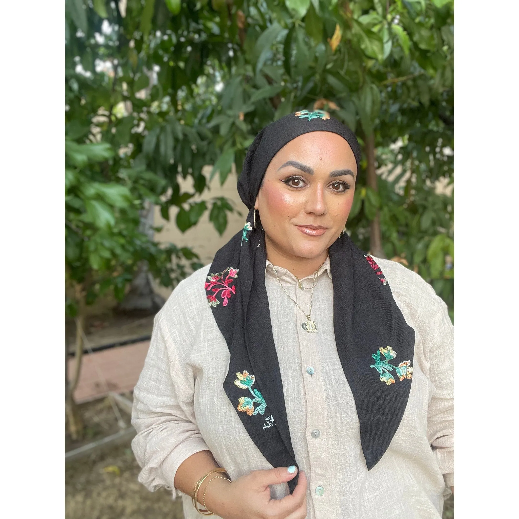 Linen Embroidered Pretied w/ VELVET HEADBAND & Adjustable Circumference - Black/Multi