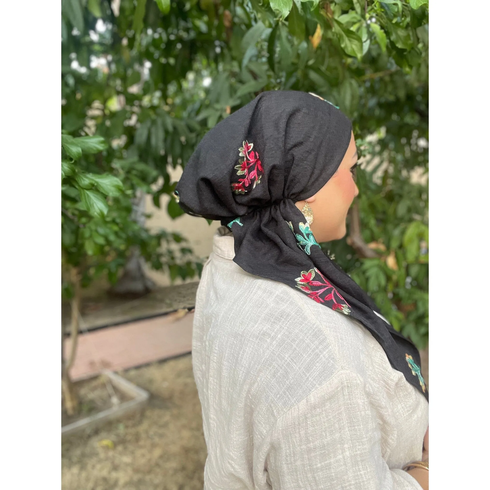 Linen Embroidered Pretied w/ VELVET HEADBAND & Adjustable Circumference - Black/Multi