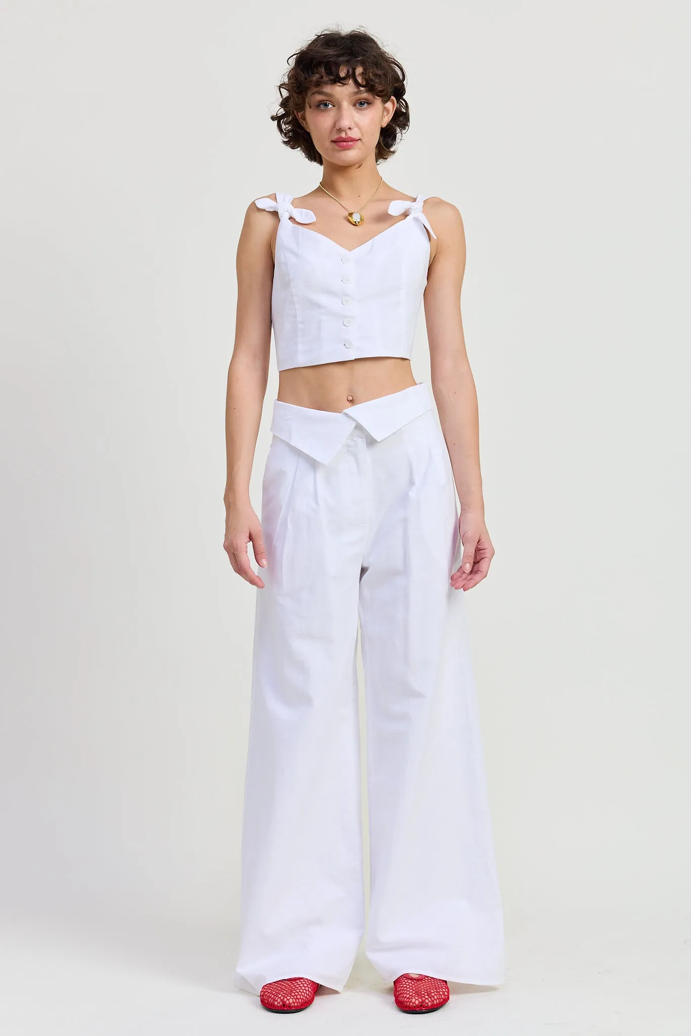 Linen Shoulder Bow Tie Detail Top