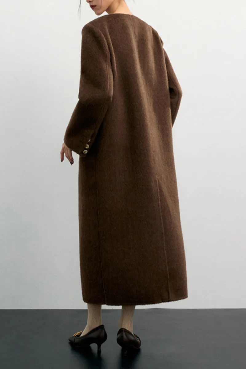 Long Collarless Double Faced Wool-Blend Coat
