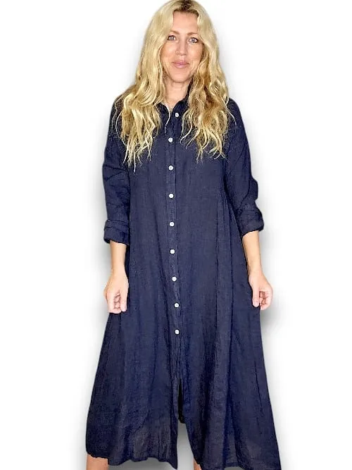 MAXI BUTTON SHIRT DRESS LINEN NAVY