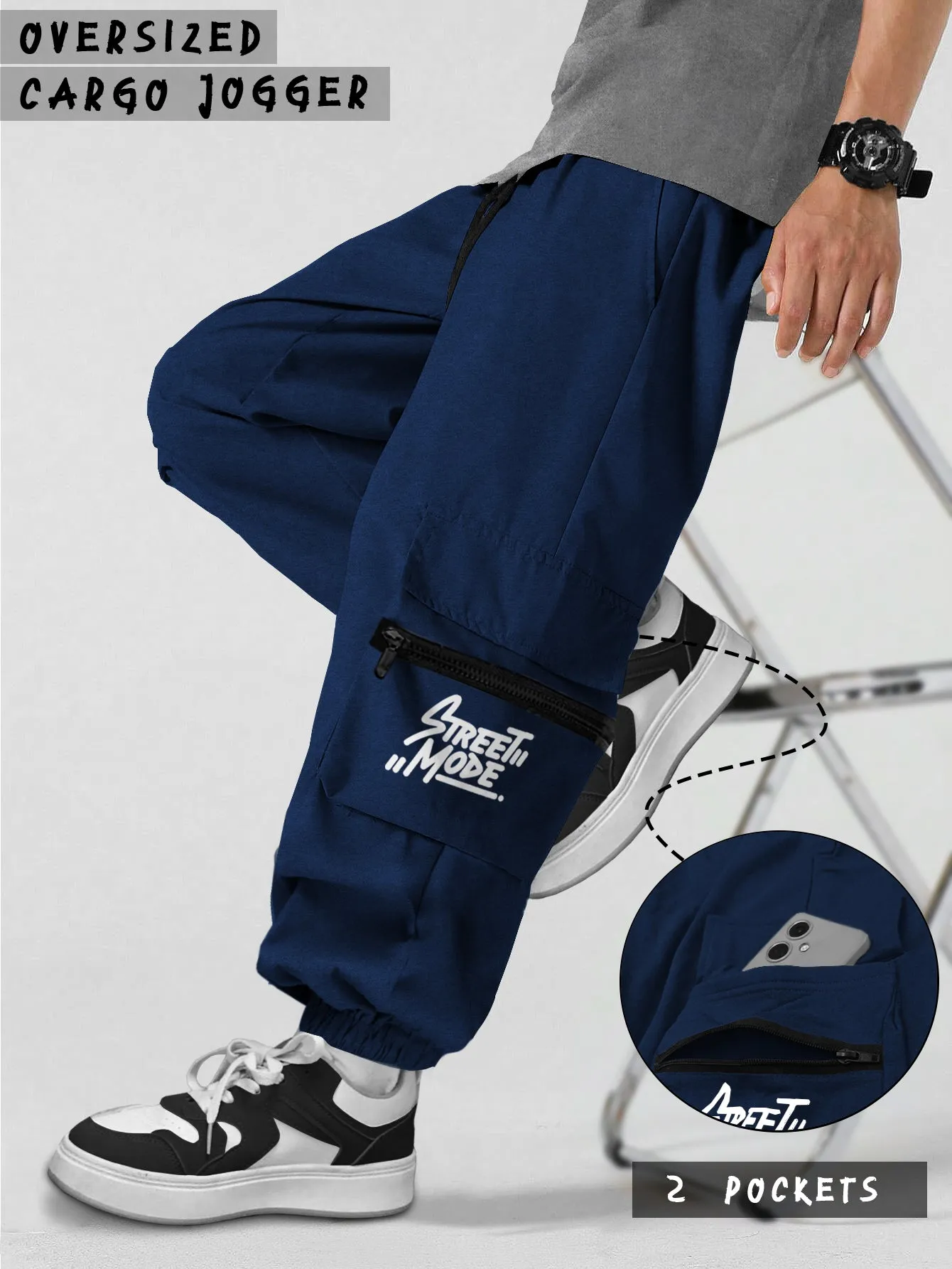 Men Royal Blue Printed Baggy Oversized Fit Cargo Jogger