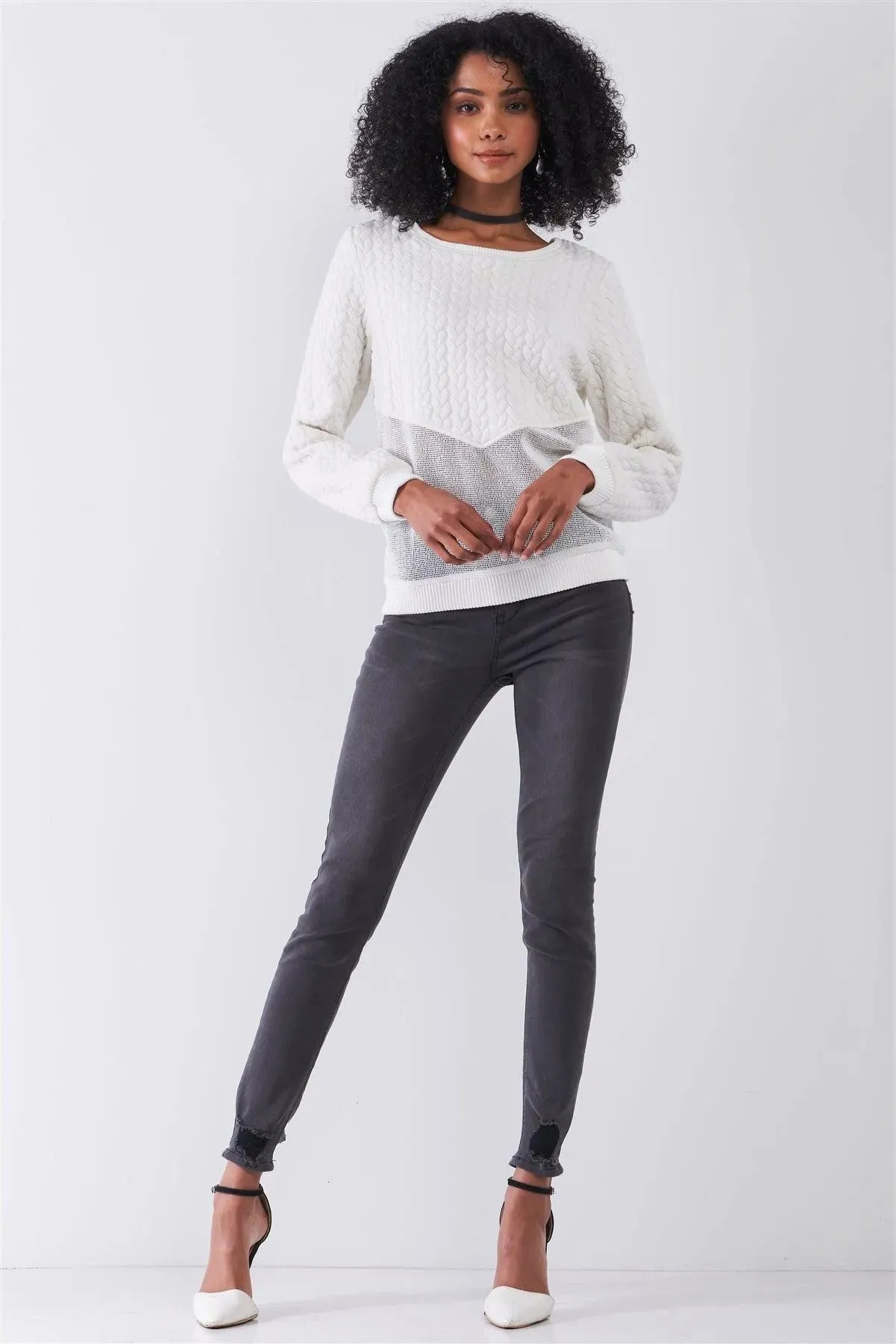Off-White Round Neck Long Sleeve Braid Quilted Sheer Mesh Detail Sweatshirt /1-1-1-1