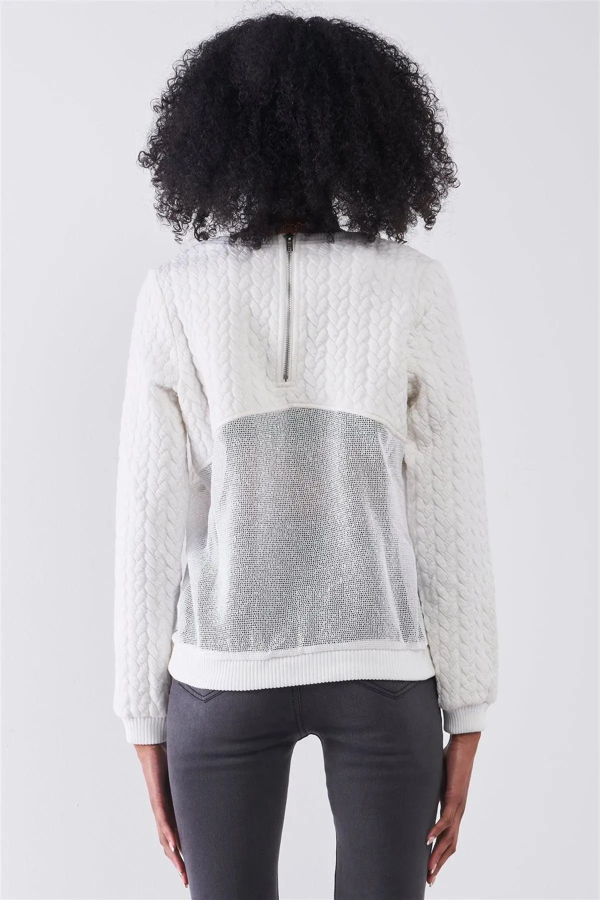 Off-White Round Neck Long Sleeve Braid Quilted Sheer Mesh Detail Sweatshirt /1-1-1-1