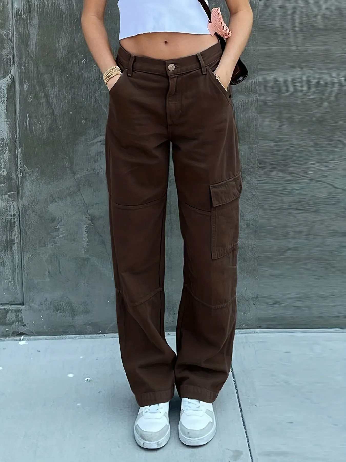 Purpdrank Wide Leg One Side Square Pocket Cargo Pants, Denim Loose Baggy Fit Straight Legs Trousers, Y2K Kpop Vintage Style Women's Jeans