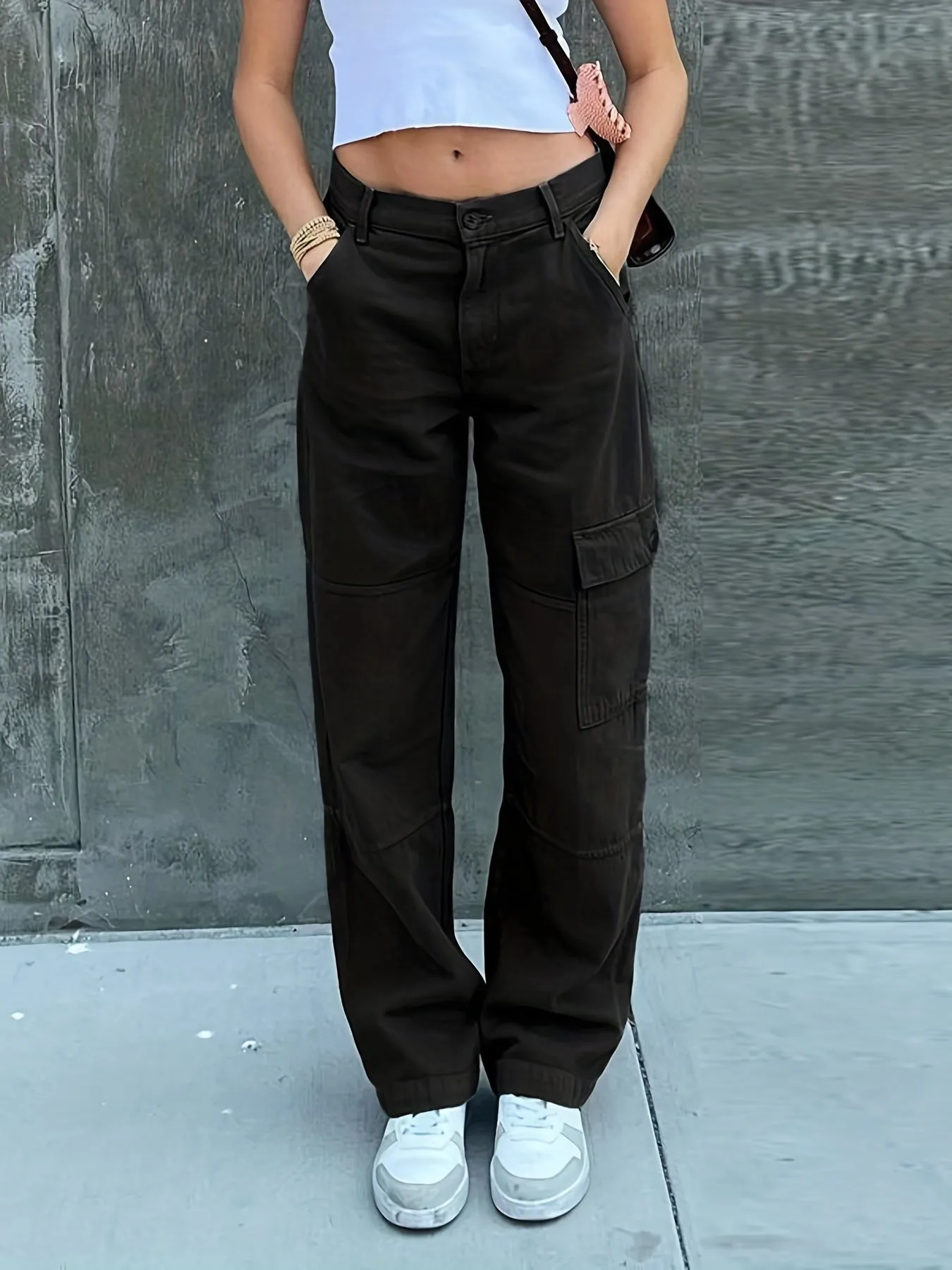 Purpdrank Wide Leg One Side Square Pocket Cargo Pants, Denim Loose Baggy Fit Straight Legs Trousers, Y2K Kpop Vintage Style Women's Jeans