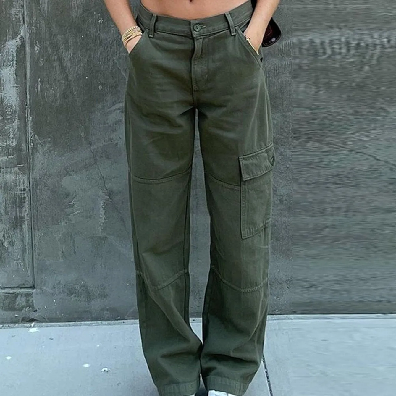 Purpdrank Wide Leg One Side Square Pocket Cargo Pants, Denim Loose Baggy Fit Straight Legs Trousers, Y2K Kpop Vintage Style Women's Jeans
