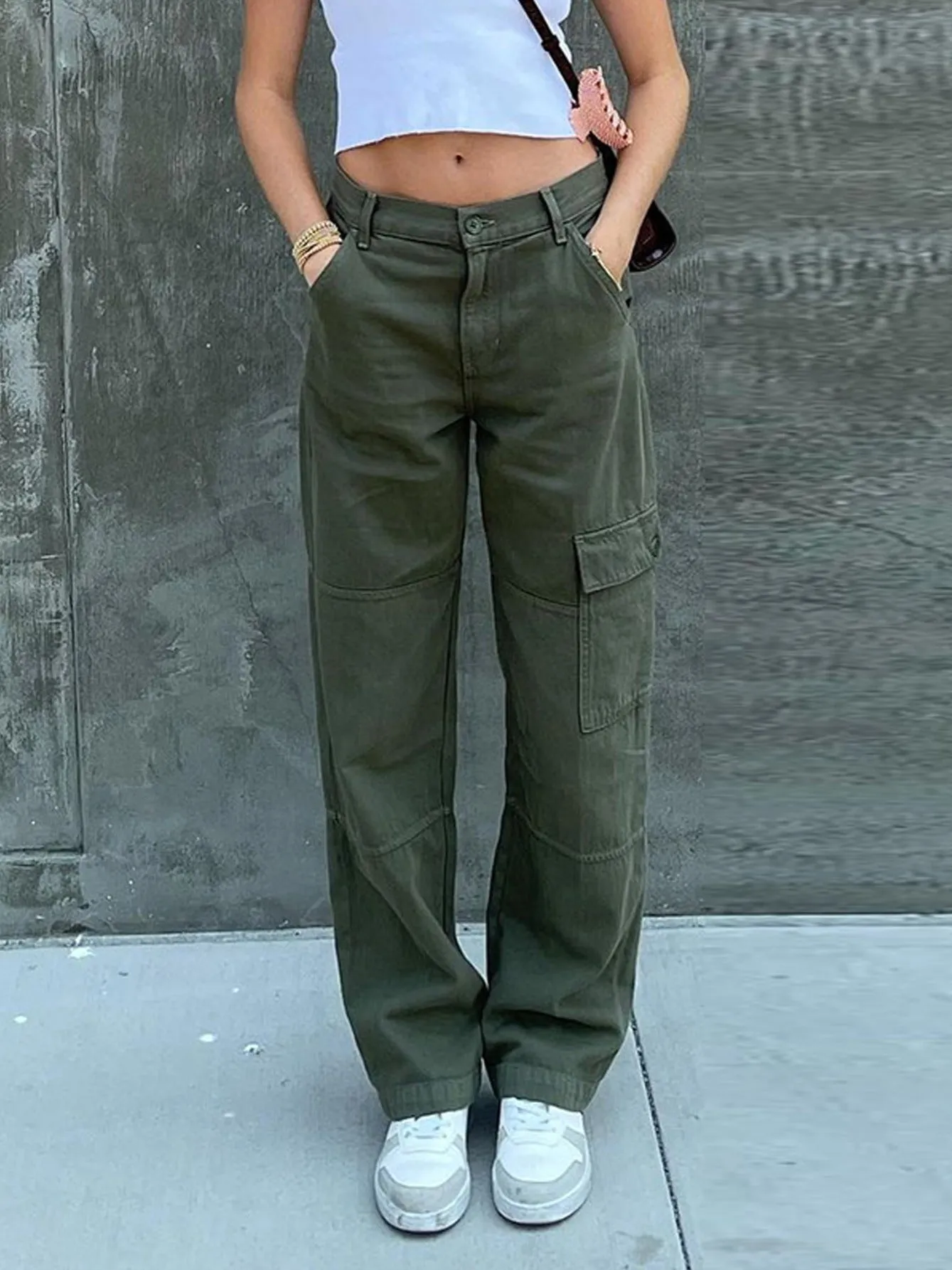 Purpdrank Wide Leg One Side Square Pocket Cargo Pants, Denim Loose Baggy Fit Straight Legs Trousers, Y2K Kpop Vintage Style Women's Jeans