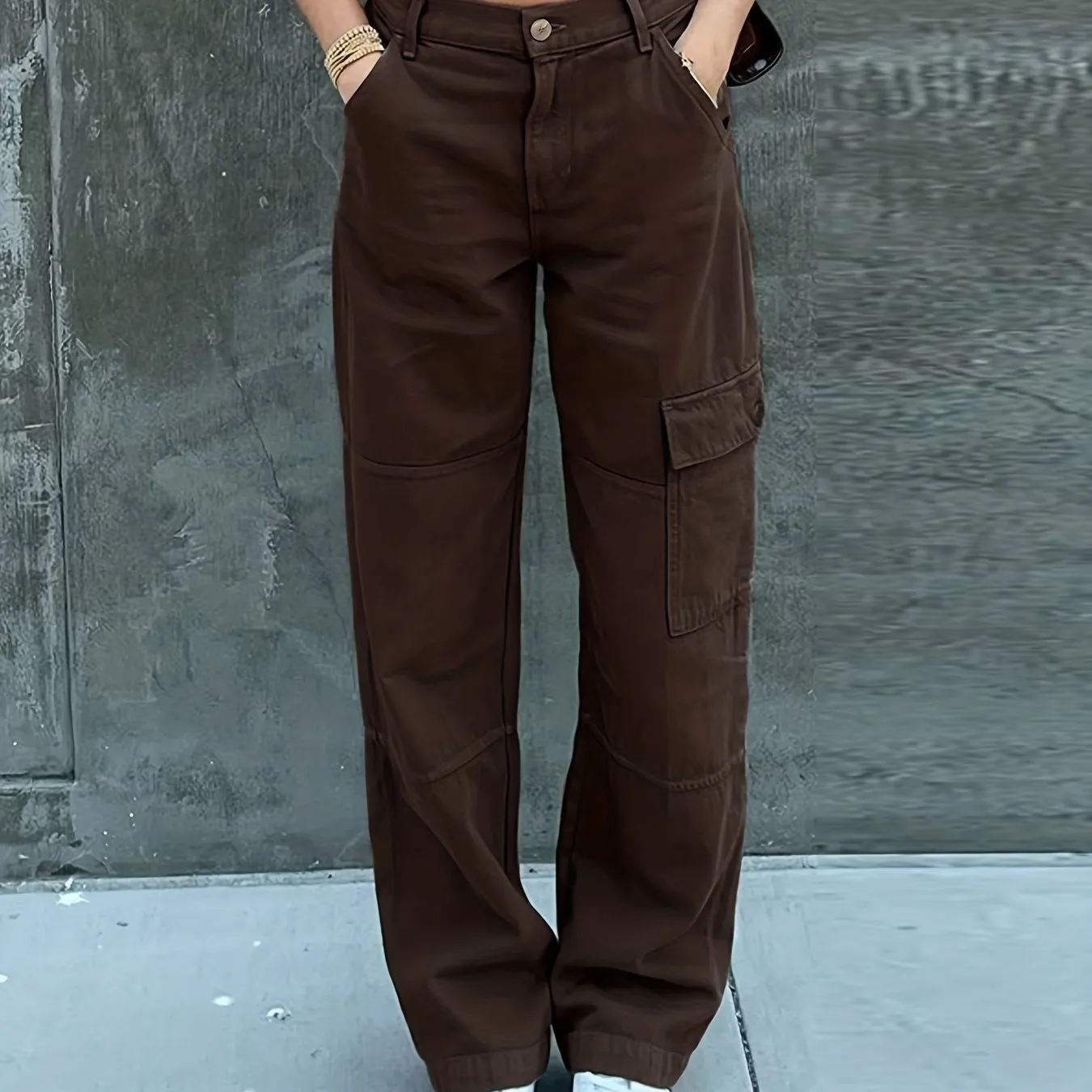 Purpdrank Wide Leg One Side Square Pocket Cargo Pants, Denim Loose Baggy Fit Straight Legs Trousers, Y2K Kpop Vintage Style Women's Jeans
