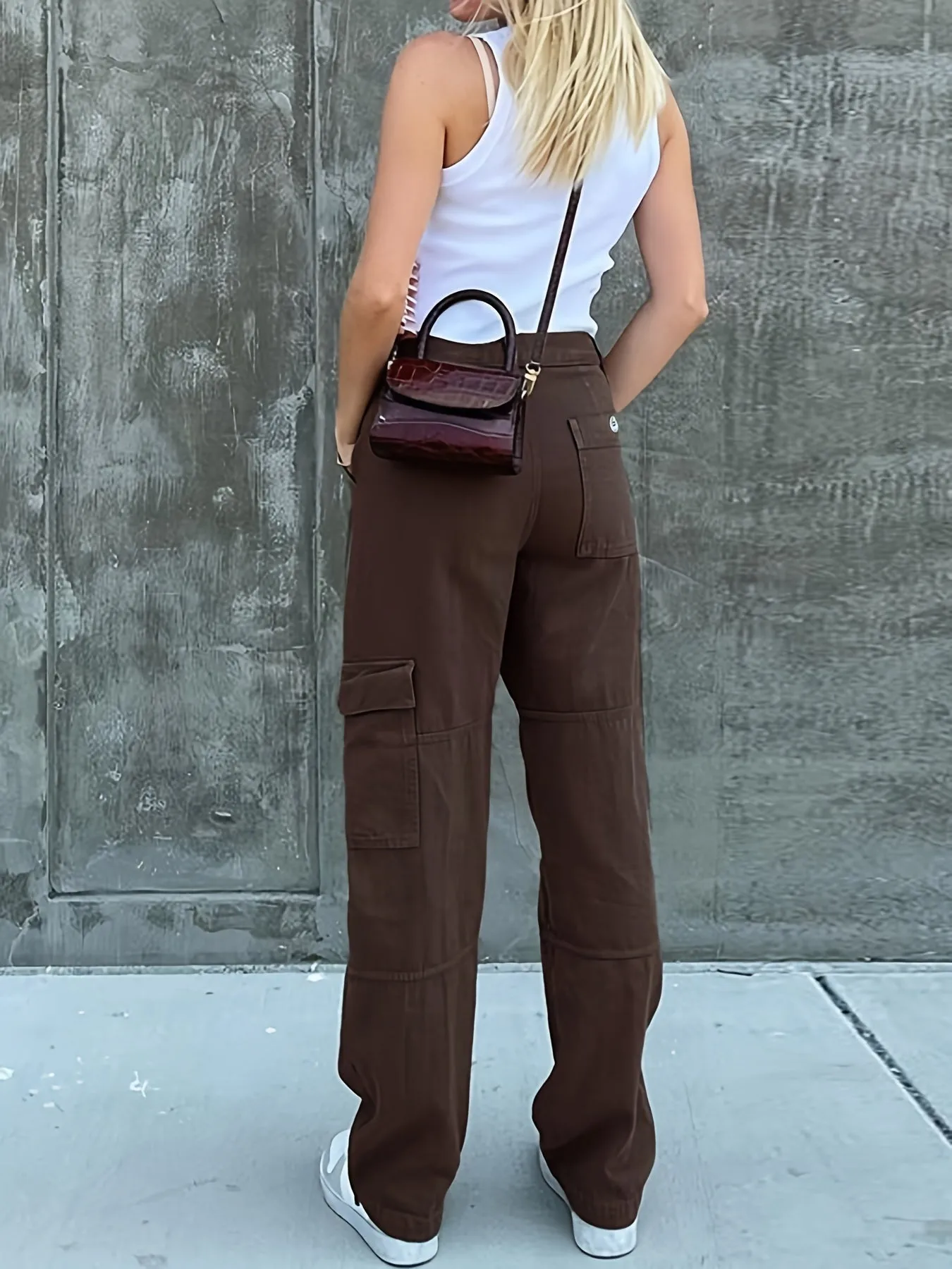 Purpdrank Wide Leg One Side Square Pocket Cargo Pants, Denim Loose Baggy Fit Straight Legs Trousers, Y2K Kpop Vintage Style Women's Jeans