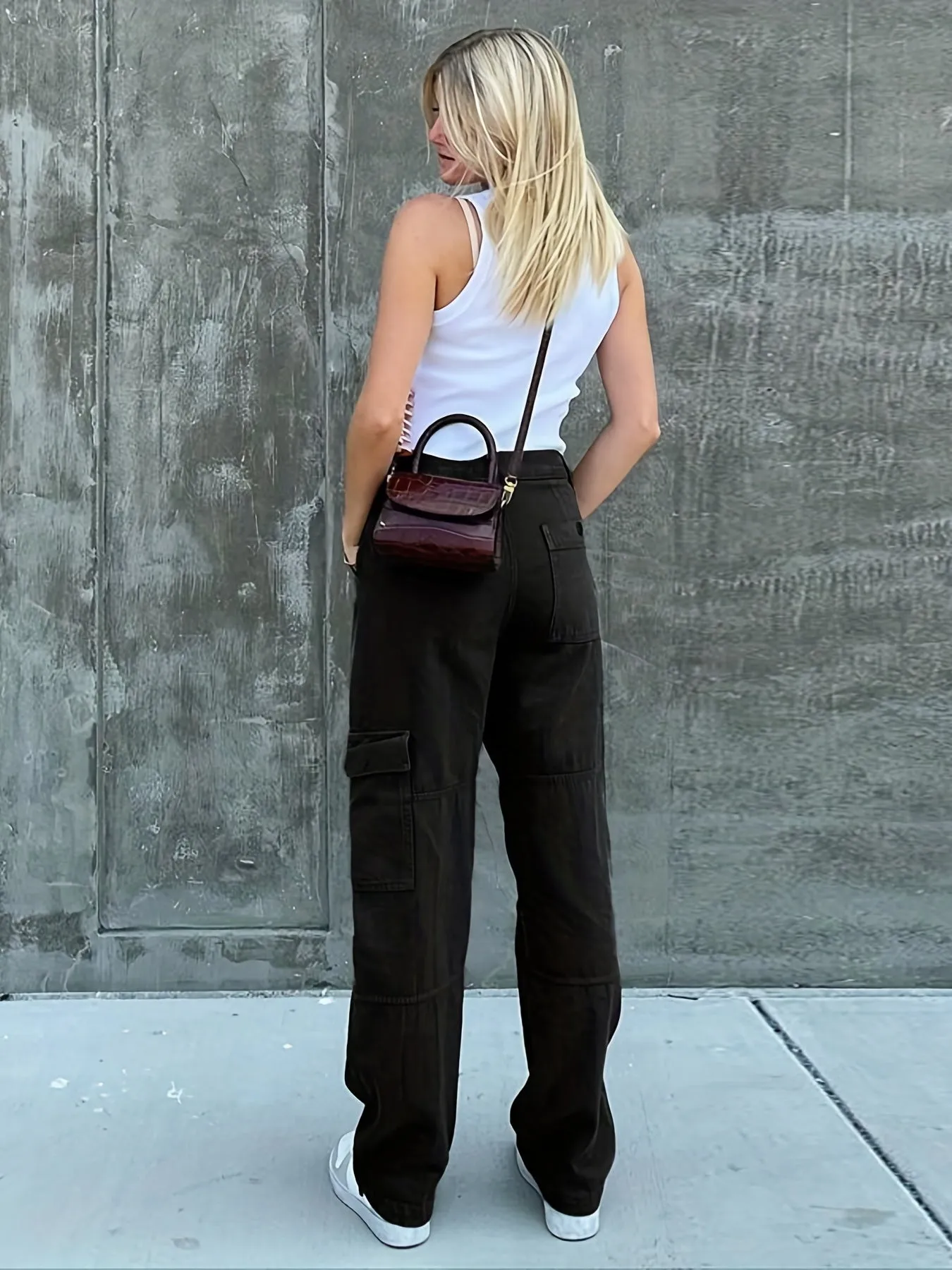 Purpdrank Wide Leg One Side Square Pocket Cargo Pants, Denim Loose Baggy Fit Straight Legs Trousers, Y2K Kpop Vintage Style Women's Jeans