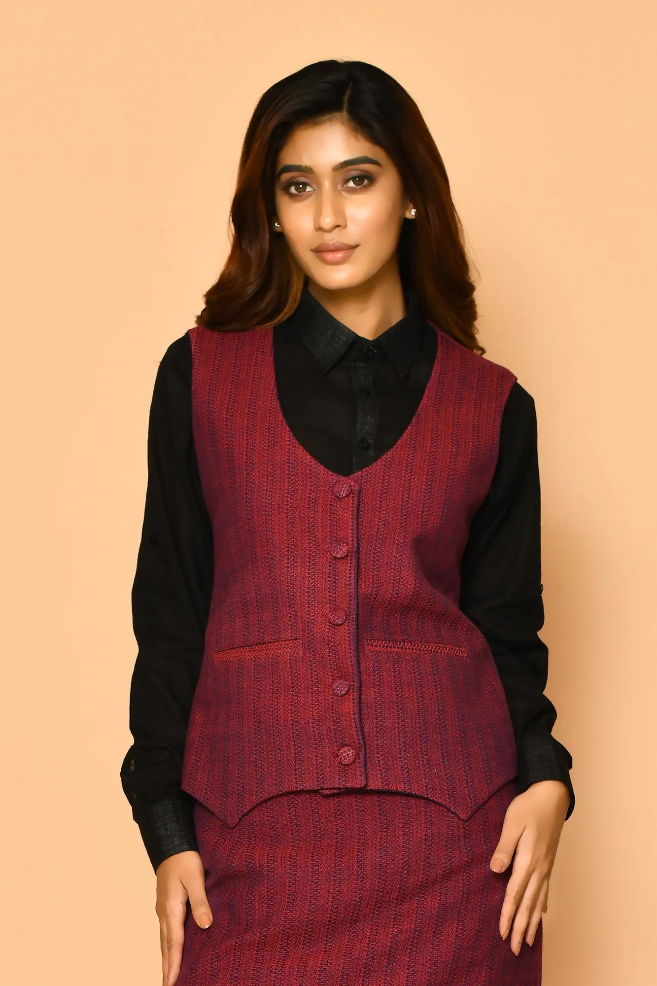Serena Handloom Rounded V-Neck Cotton Waist Blazer