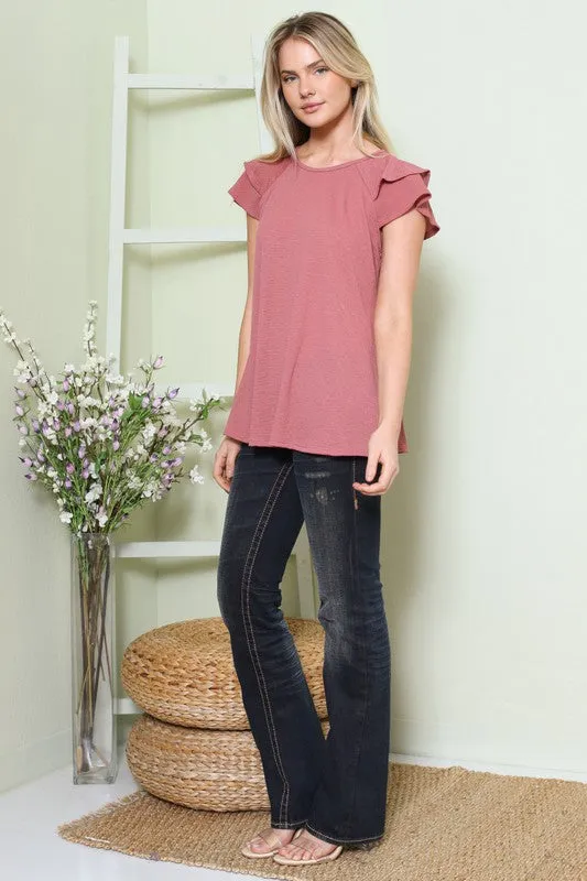Solid Textured Knit Short Sleeve Tiered Top
