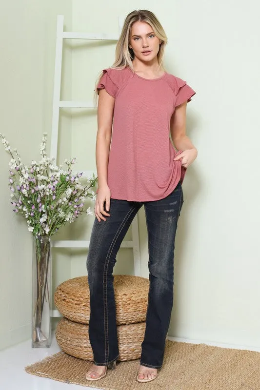 Solid Textured Knit Short Sleeve Tiered Top