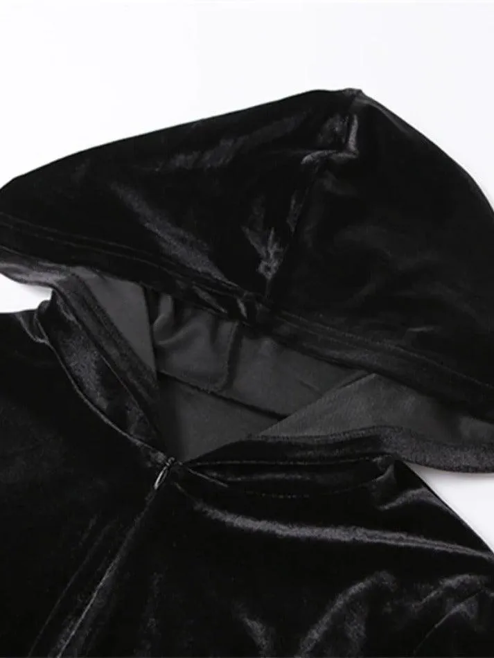 Solid Velvet Hooded Zip Up Jumpsuits