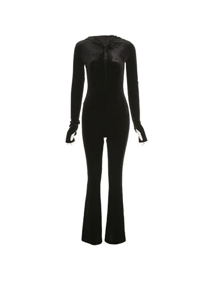 Solid Velvet Hooded Zip Up Jumpsuits