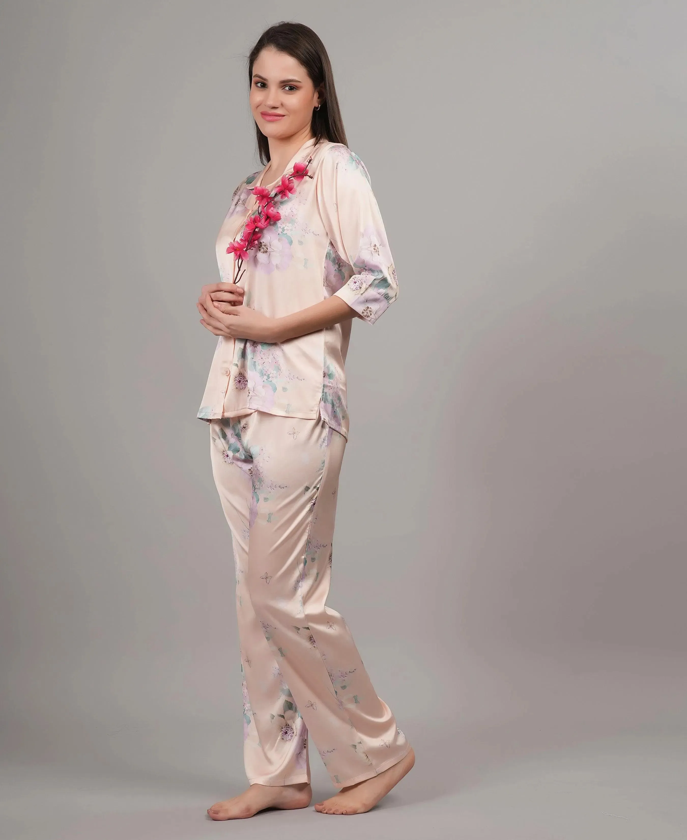 Velure Pleasant Floral Satin Print Night Suit
