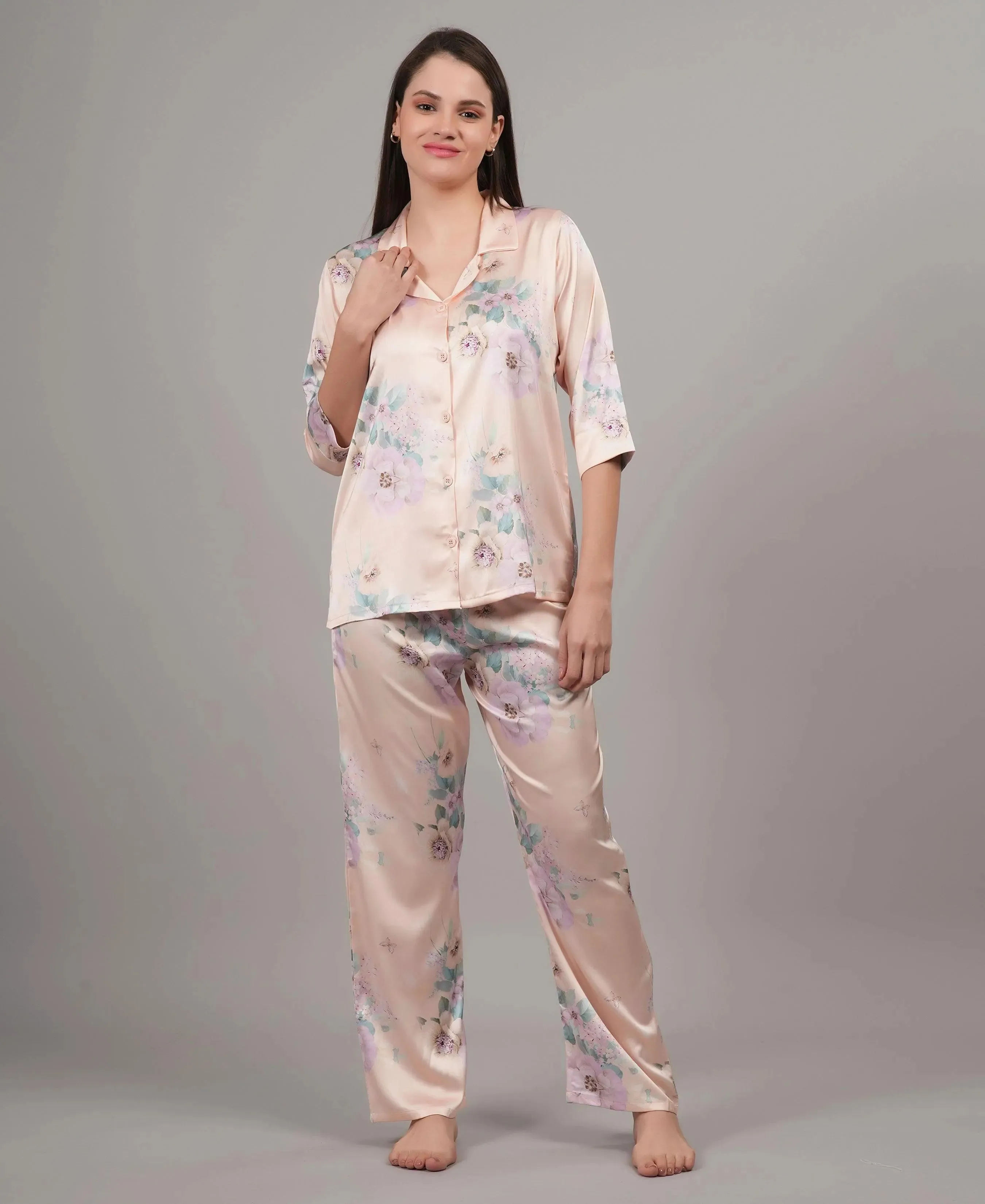Velure Pleasant Floral Satin Print Night Suit