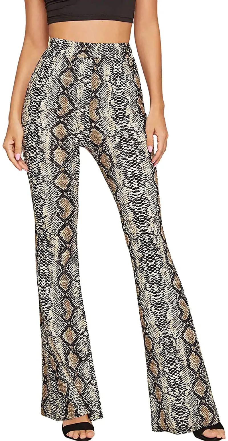 WDIRARA Women's Snakeskin High Waist Casual Flare Bell Bottom Stretch Long Pants