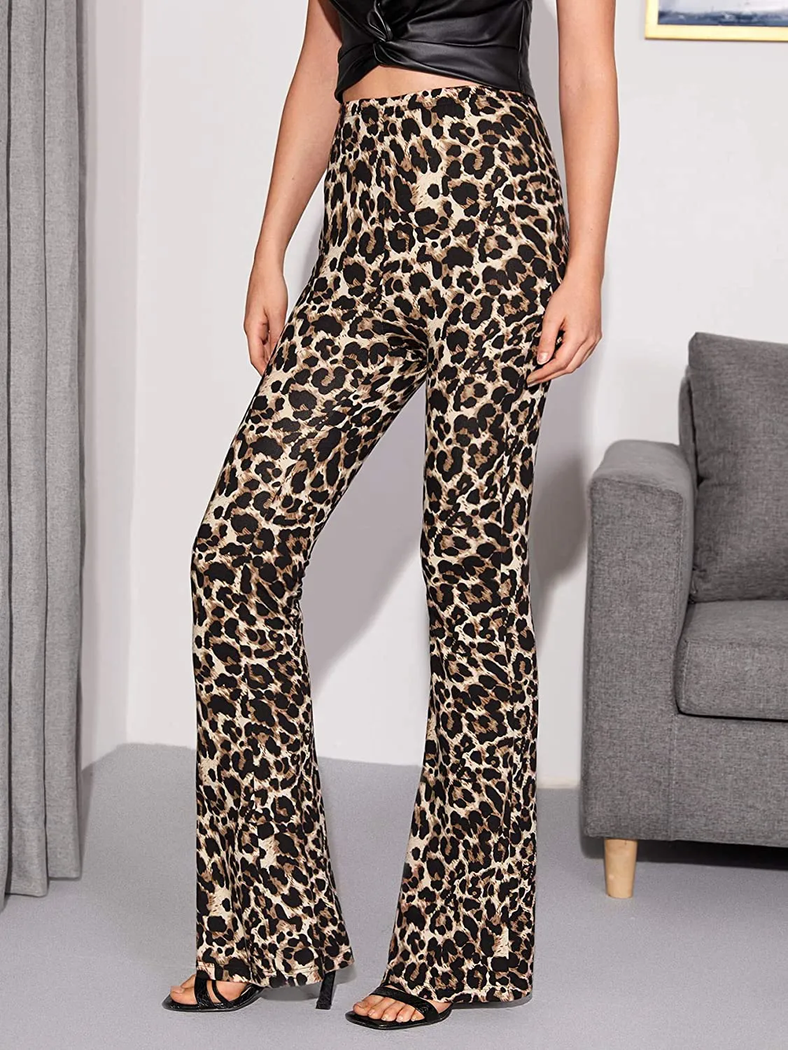 WDIRARA Women's Snakeskin High Waist Casual Flare Bell Bottom Stretch Long Pants