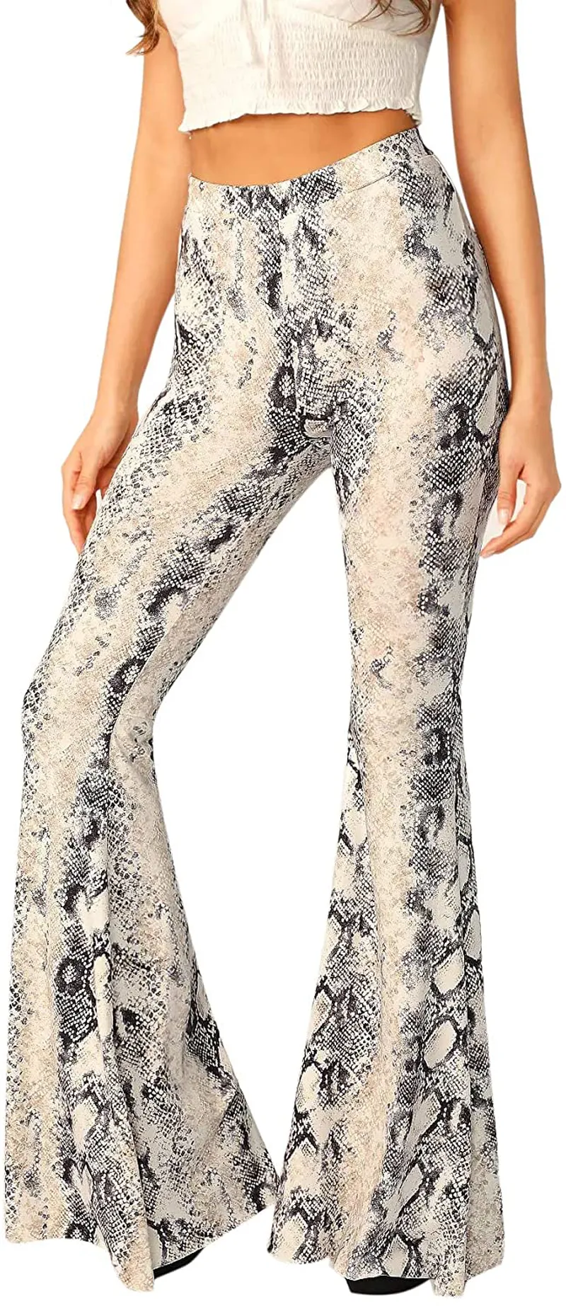 WDIRARA Women's Snakeskin High Waist Casual Flare Bell Bottom Stretch Long Pants