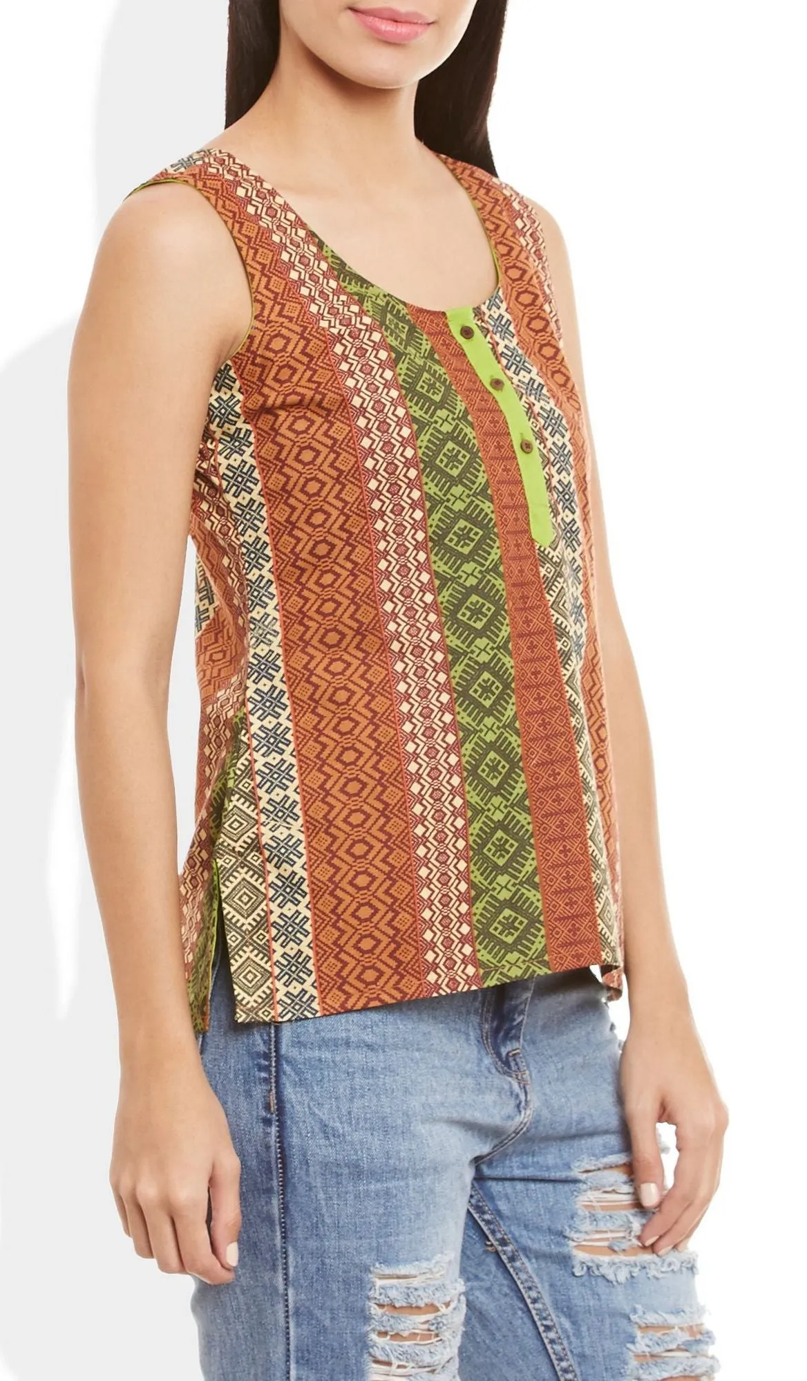 Womens Cotton Printed Short Top Kurti Sleeveless With Contrast Placket And Buttons,2X-Large,W-CST40-3135