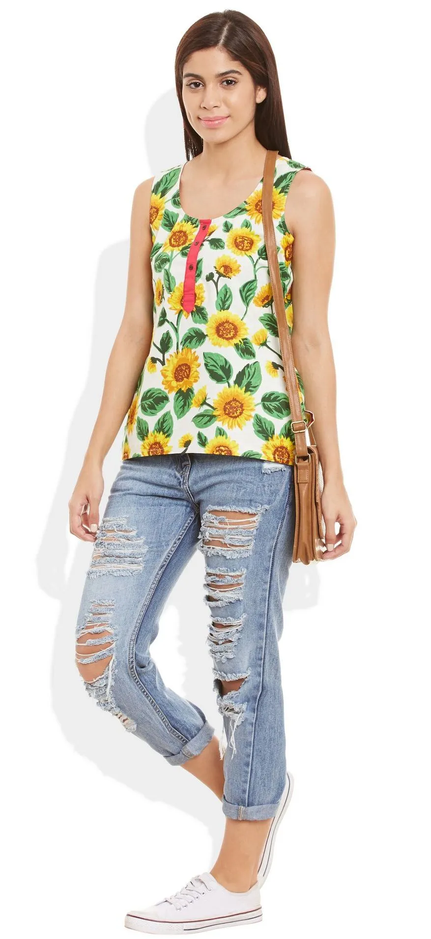 Womens Cotton Printed Short Top Kurti Sleeveless With Contrast Placket And Buttons,3X-Large,W-CST42-3105
