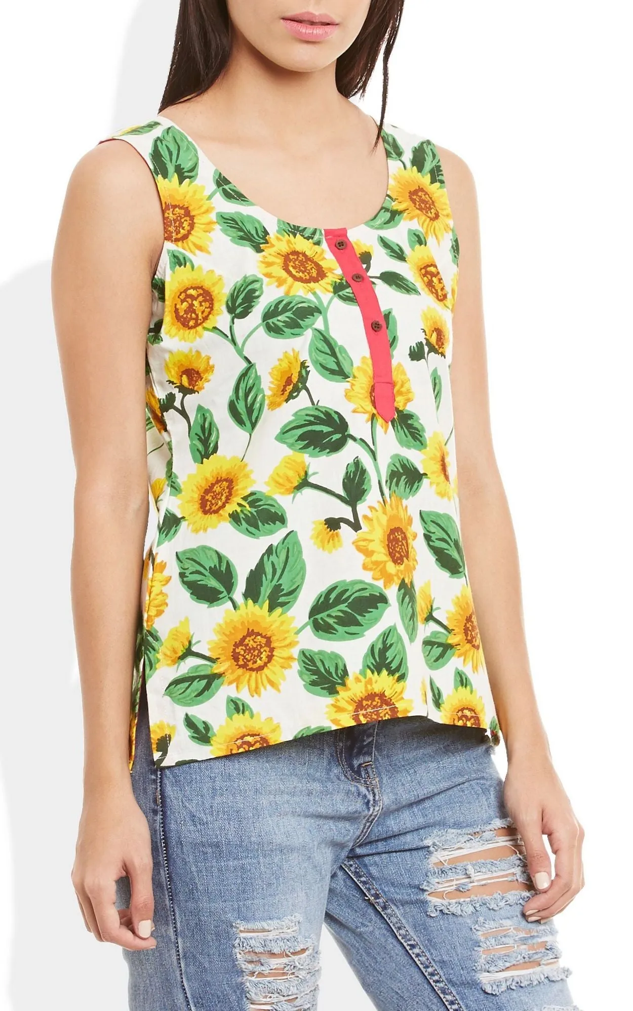 Womens Cotton Printed Short Top Kurti Sleeveless With Contrast Placket And Buttons,3X-Large,W-CST42-3105