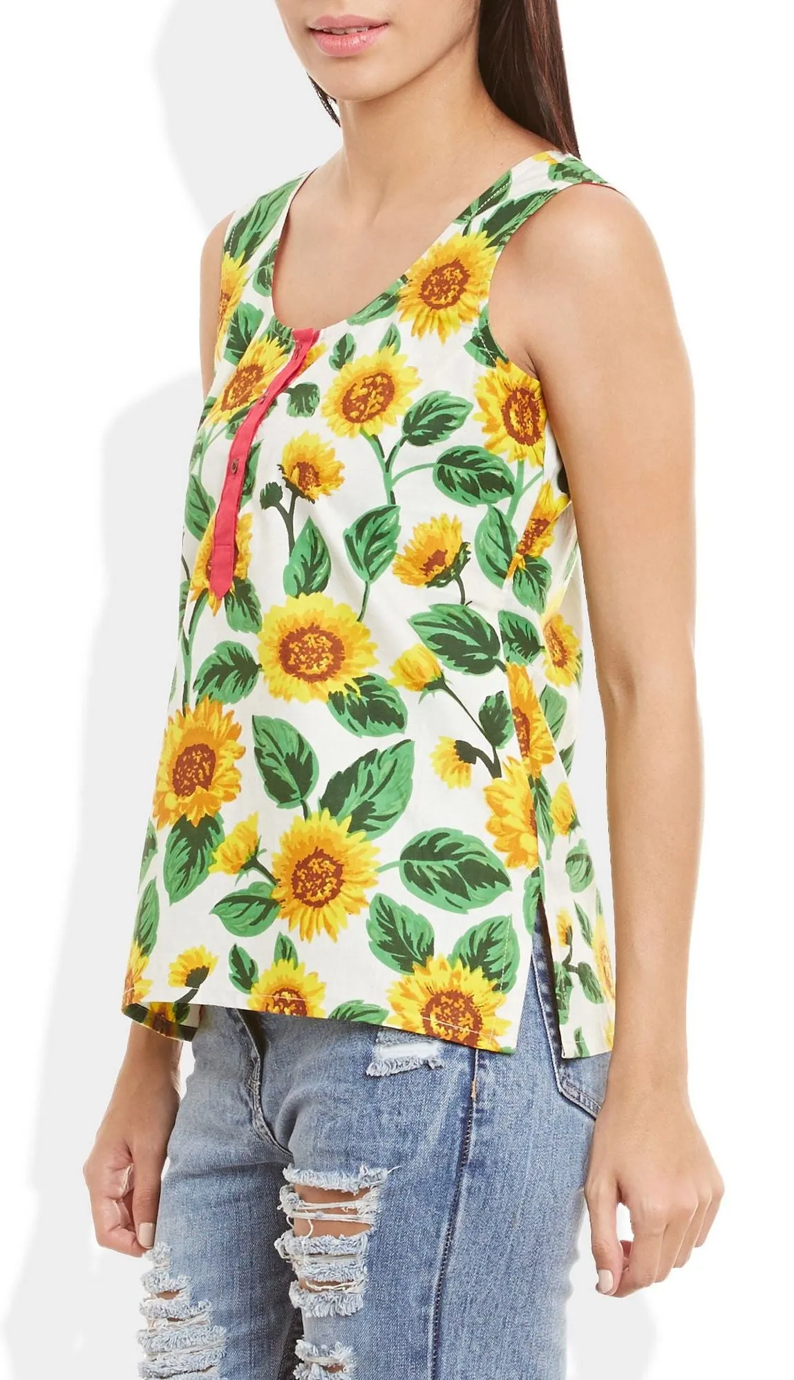 Womens Cotton Printed Short Top Kurti Sleeveless With Contrast Placket And Buttons,3X-Large,W-CST42-3105